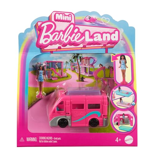 Barbie Mini BarbieLand Puppe und Spielzeugfahrzeug-Set, ca. 4 cm große Barbie-Puppe und DreamCamper mit funktionierenden Türen und Farbwechsel-Pool, HYF39 von Barbie