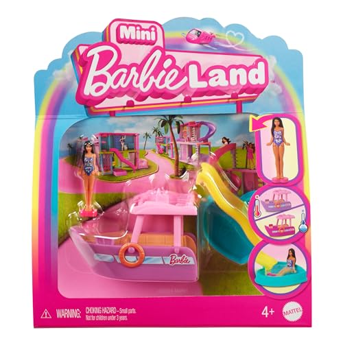 Barbie Mini BarbieLand Puppen- und Spielzeugfahrzeugset, ca. 4 cm große Barbie-Puppe und Traumboot mit Farbwechsel, abnehmbare Rutsche und Pool, HYF41 von Barbie