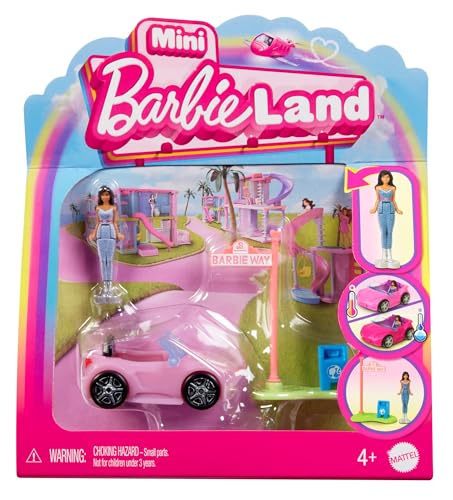 Barbie Mini BarbieLand Puppen und -Spielzeugfahrzeugset, ca. 4 cm große Barbie-Puppe und Cabrio mit Farbwechsel, Straßenschildzubehör, HYF42 von Barbie