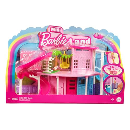 Barbie Mini BarbieLand Puppenhaus-Sets, Mini-Traumvilla mit Überraschung, ca. 4 cm große Barbie-Puppe, Möbel und Zubehörteile plus Aufzug und Pool, 4 Jahre+, HYF45 von Barbie