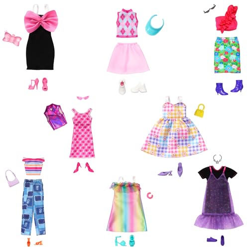 Barbie Moden und Accessoires - Farbenfrohes Modeset mit über 65 einzigartigen Outfits, 13 Kleidungsstücke, 8 Accessoires und 8 Paar Schuhe, für stundenlangen Stylingspaß, universelle Passform, HRG56 von Barbie