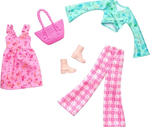 Barbie Fashions 2-Pack Clothing Set, 2 Outfits Doll Include Cottage Core-Themed Dress, Top, Gingham Pants & 2 Accessories von Barbie