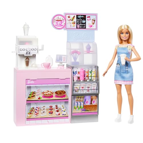 Barbie Naschcafé Spielset mit blonder Barista-Puppe und über 12 Zubehörteilen, darunter Kaffeemaschine/Smoothie-Maker, Lebensmittel und Tassen, HXN94 von Barbie