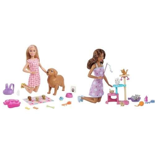 Barbie Newborn Pups Playset, Puppe mit blonden Haaren, Hundeset & Kitty Condo Spielset, braunen Haaren, 5 Kätzchen, Katzenspielzeug von Barbie