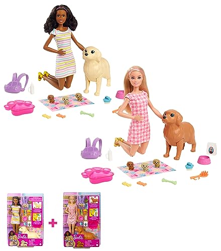 Barbie Newborn Pups Playset, Schwarze Puppe, HCK76 Newborn Pups Playset, Puppe mit blonden Haaren, HCK75 von Barbie