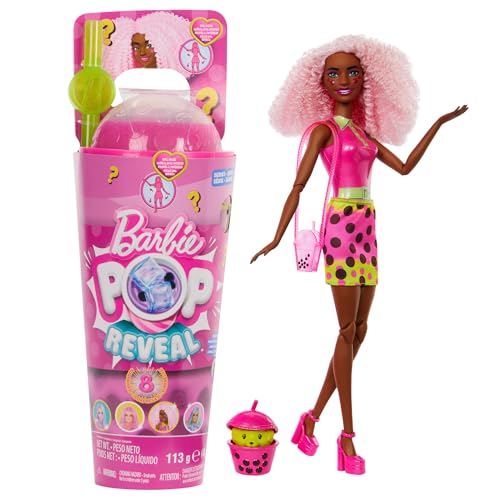 Barbie Pop Reveal Bubble Tea Serie Puppe und Zubehör, duftende Berry-Bliss-Modepuppe mit Haustier, 8 Überraschungen, darunter Farbwechsel, Becher zur Aufbewahrung, HTJ20 von Barbie