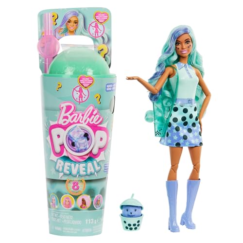 Barbie Pop Reveal Bubble Tea Serie Puppe und Zubehör, duftende Green-Tea-Modepuppe mit Haustier, 8 Überraschungen, darunter Farbwechsel, Becher zur Aufbewahrung, HTJ21 von Barbie