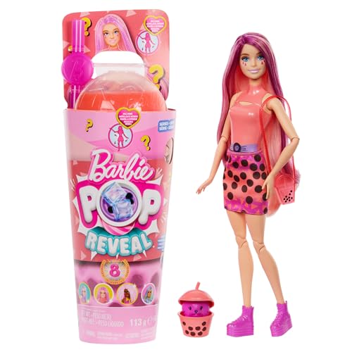 Barbie Pop Reveal Bubble Tea Serie Puppe und Zubehör, duftende Mango-Mochi-Modepuppe mit Haustier, 8 Überraschungen, darunter Farbwechsel, Becher zur Aufbewahrung, HTJ22 von Barbie