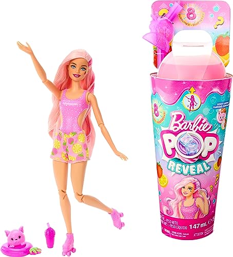 Barbie Pop Reveal Fruit - Überraschungspuppen mit 8 fruchtigen Überraschungen, inklusive beweglicher Puppe mit Erdbeerlimonadenduft und Squishy-Hündchen, ab 3 Jahren, HNW41 von Barbie