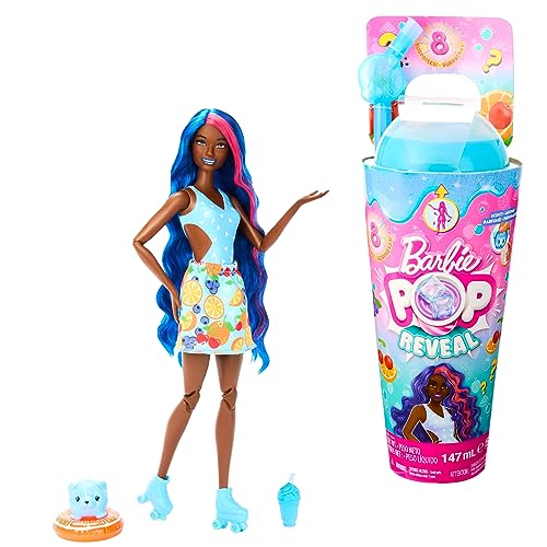 Barbie Pop Reveal Fruit - Puppe mit blauen Haaren im Fruchtpunschduft, 8 Überraschungen, duftendes Squishy-Hündchen, Farbwechsel im Haar und Make-up, für Kinder ab 3 Jahren, HNW42 von Barbie