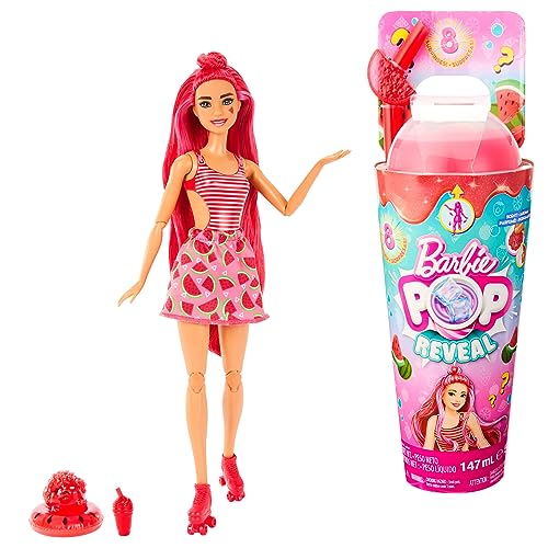 Barbie Pop Reveal Fruit - Puppe mit roten Haaren im Wassermelonenduft, 8 Überraschungen, duftendes Squishy-Hündchen, Farbwechsel im Haar und Make-up, für Kinder ab 3 Jahren, HNW43 von Barbie