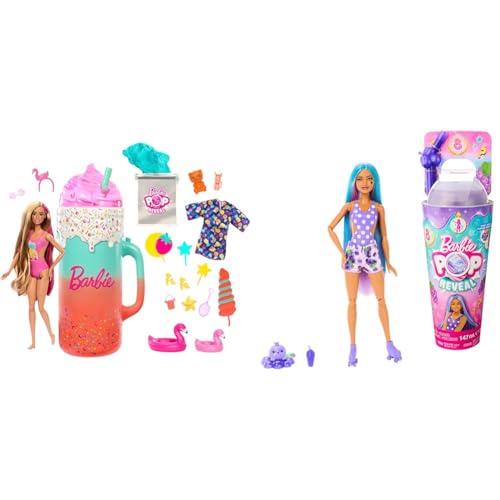 Barbie Pop Reveal Rise & Surprise Geschenkset - über 15 Überraschungen & Pop Reveal Fruit - Puppe mit violetten Haaren im Grapefruitduft von Barbie