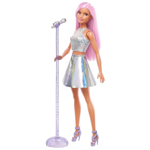 Barbie Pop-Star-Puppe gekleidet in einem schillernden Rock mit Mikrofon und rosafarbenem Haar, Geschenk für Kinder von 3 bis 7 Jahren, JCW42, Schillernd von Barbie