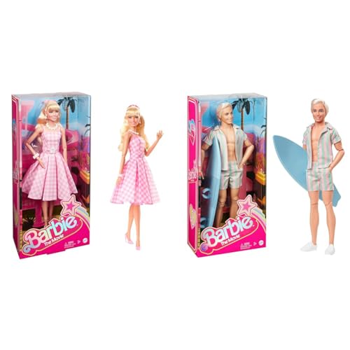 Barbie Puppe, The Movie doll, in rosa weissem Kleid und Gänseblümchen Halskette & The Movie - Puppe Filme Fans, Ken-Puppe, Sammelpuppe im Surfbrett und Turnschuhen von Barbie