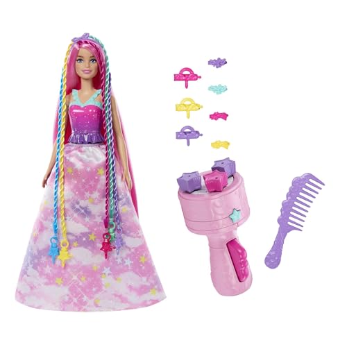 Barbie-Puppe, Zauberhaftes geflochtenes Haar, Regenbogen-Haarverlängerungen, Utensil zum Drehen und Zubehör, JCW55 von Barbie