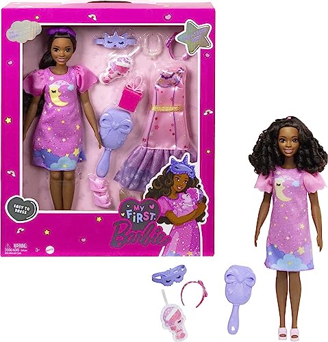 Barbie – Puppe für Kindergartenalter, My First Brooklyn” Deluxe Puppe, 34 cm große, Schwarze Haare, Zubehör, beweglichem Körper, Outfits zu den Themen Party und Schlafenszeit, ab 3J+,HMM64 von Barbie