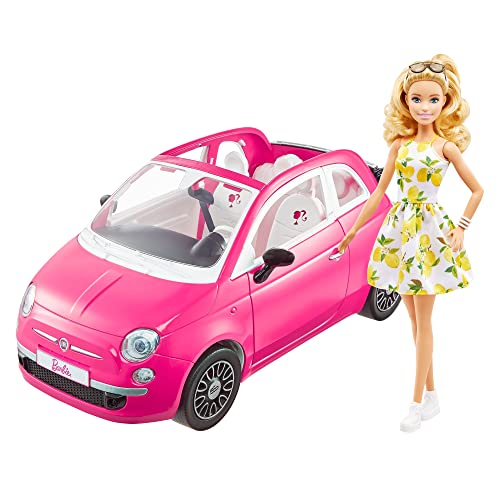 Barbie-Puppe und Auto, rosa Auto, Cabrio mit weißer Innenausstattung, Sicherheitsgurte, 1x Puppe mit blonden Haaren und Zitronenkleid, Geschenk für Kinder, Spielzeug ab 3 Jahre,HGV03 von Barbie