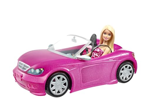 Barbie Puppe und Cabrio in rosa mit Glitzer, realistische Reifen Logo, Spielzeug ab 3 Jahren, DJR55 von Barbie