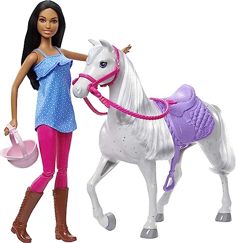 Barbie-Puppe und Weißes Pferd, Puppe mit Helm, weißes Pferd mit violettem Sattel und rosa Zügeln, Accessoires, Geschenk für Kinder, Spielzeug ab 3 Jahre,HCJ53 von Barbie