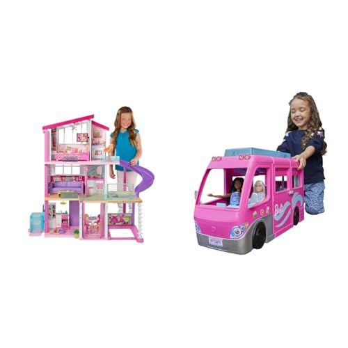 Barbie Puppenhaus, Barbie Traumvilla (ohne Barbie Puppe), komplett möbliert & Dream Camper Van (75 cm) mit 7 Spielbereichen, inkl. Barbie Pool und Rutsche von Barbie