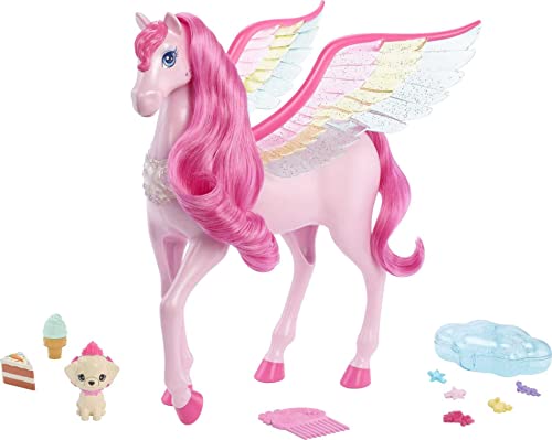 Barbie Rosa Pegasus mit 10 Zubehörteilen inklusive Welpe, geflügeltes Pferde-Spielzeug mit Lichtern und Geräuschen, Hauch von Magie von Barbie