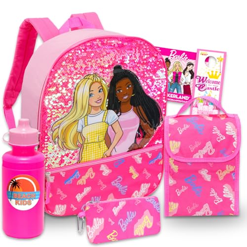 Barbie Rucksack mit Lunchbox-Set – 5-teiliges Bündel mit 40,6 cm Barbie Rucksack, Barbie Lunchtasche, Wasserflasche, Aufkleber, mehr | Barbie Rucksack für Mädchen, Kinder, mehrfarbig, Barbie Rucksack von Barbie