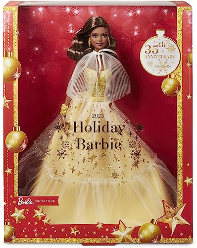 Barbie Signature - 2023 Holiday Puppe 35. Jubiläumsedition mit goldenem Kleid und dunkelbraunes Haar, Echtheitszertifikat, saisonales Sammlergeschenk für Kinder ab 6 Jahren, HJX05 von Barbie