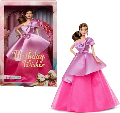 Barbie Signature Birthday Wishes-Puppe, Sammelfigur, Modepuppe mit seidigem rosa Kleid, braunem welligen Haar, Geschenkverpackung, JBJ08 von Barbie