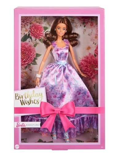 Barbie Signature Birthday Wishes-Puppe, Sammelfigur mit seidigem fliederfarbenen Kleid, braunem welligen Haar, Geschenkverpackung, HRM54 von Barbie