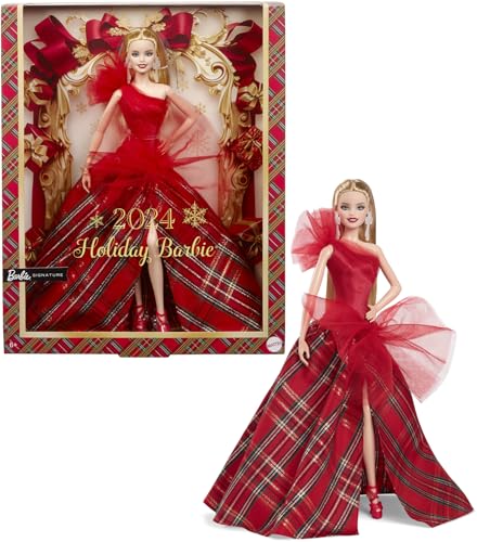 Barbie Signature Doll, 2024 Holiday Blonde Fashion Doll Wearing Gown with Plaid Skirt, Seasonal Collector Gift in Displayable Packaging, HRM65 von Barbie