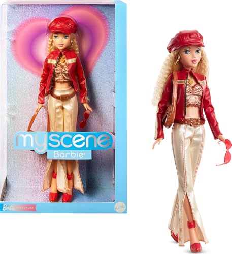 Barbie Signature My Scene Puppe und Accessoires, Jahrtausendwende inspirierten Outfit mit Kunstlederjacke, ausgestellter Hose, Satteltasche und Puppenständer, HYC17 von Barbie