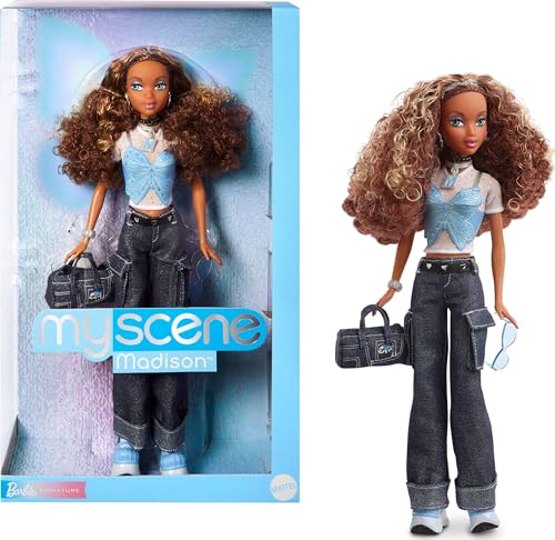 Barbie Signature My Scene Puppe und Accessoires, Madison im von der Jahrtausendwende inspirierten Outfit mit Schmetterlingsoberteil, Cargo-Jeans, Jeanstasche und Puppenständer, HYC18 von Barbie