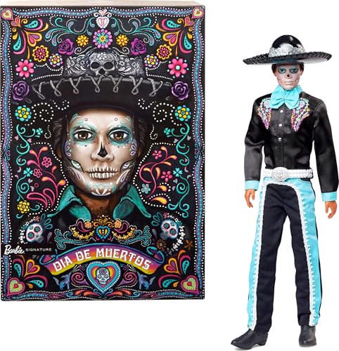 Barbie Signature Puppe, 2024 Día De Muertos Ken Sammelfigur im schwarzen Anzug mit himmelblauen Akzenten, Hut- und Gürtelzubehör, HRM73, [Mehrfarbig] von Barbie