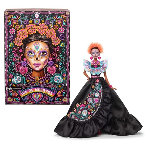 Barbie Signature Puppe, 2024 Día De Muertos Sammelfigur mit schwarzem Kleid mit blauem Rüschenoberteil, Stickereidruck und farbenfrohen Accessoires, HRM72 von Barbie