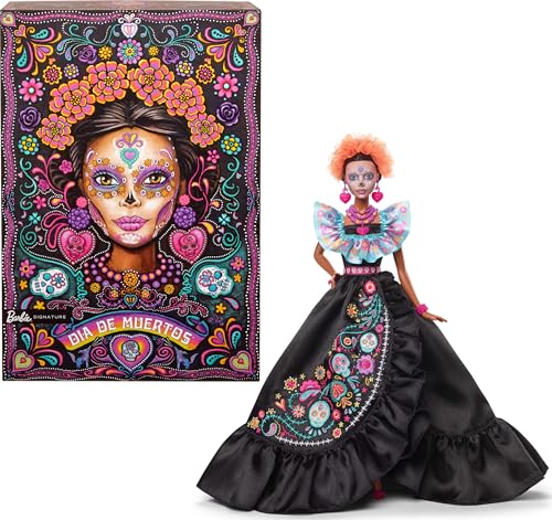 Barbie Signature Puppe, 2024 Día De Muertos Sammelfigur mit schwarzem Kleid mit blauem Rüschenoberteil, Stickereidruck und farbenfrohen Accessoires, HRM72 von Barbie