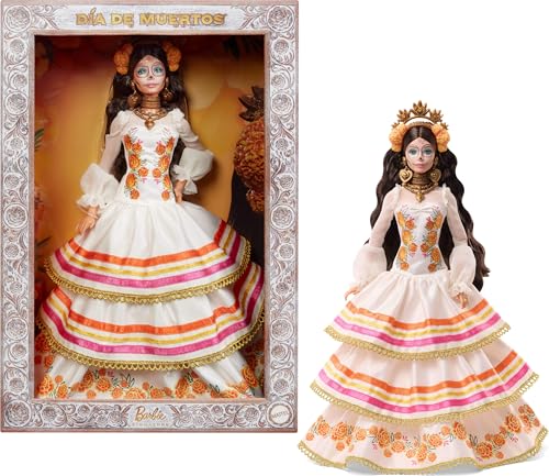 Barbie Signature Puppe, Día De Muertos 2025, Sammelfigur mit cremefarbenem Rüschenkleid mit Studentenblumen und Schleifen, Blumenkranz im Haar und Calavera-Gesichtsbemalung, JBJ05 Barbie Signature Puppe, Día De Muertos 2025, Sammelfigur mit cremefarbenem Rüschenkleid mit Studentenblumen und Schleifen, Blumenkranz im Haar und Calavera-Gesichtsbemalung, JBJ05 von Barbie