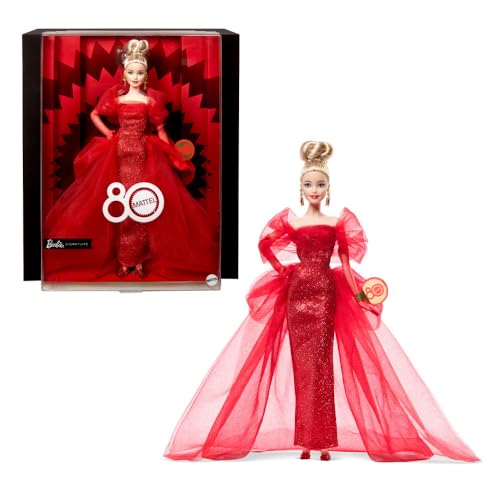 Barbie Signature Puppe, Sammelfigur zum 80. Jubiläum von Mattel in glitzerndem rotem Tüllkleid mit tropfenförmigen Ohrringen und hauchzarten Handschuhen, Blondes Haar, JBJ17 Barbie Signature Puppe, Sammelfigur zum 80. Jubiläum von Mattel in glitzerndem rotem Tüllkleid mit tropfenförmigen Ohrringen und hauchzarten Handschuhen, Blondes Haar, JBJ17 von Barbie