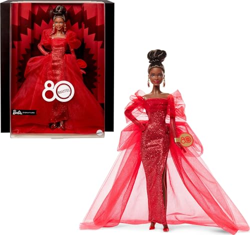 Barbie Signature Puppe, Sammelfigur zum 80. Jubiläum von Mattel in glitzerndem rotem Tüllkleid mit tropfenförmigen Ohrringen und hauchzarten Handschuhen, brünett, JBJ18 Barbie Signature Puppe, Sammelfigur zum 80. Jubiläum von Mattel in glitzerndem rotem Tüllkleid mit tropfenförmigen Ohrringen und hauchzarten Handschuhen, brünett, JBJ18 von Barbie