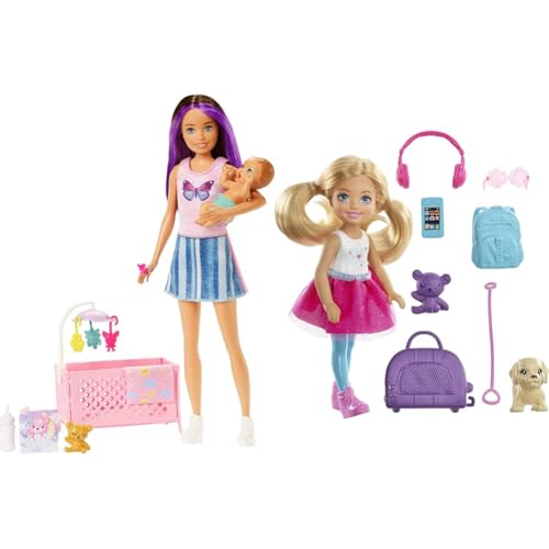 Barbie Skipper Babysitter Inc, Skipper Big Babysitting Adventure & Chelsea Serie, Chelsea Puppe mit Hund, Leine, Rucksack, Kopfhörer von Barbie