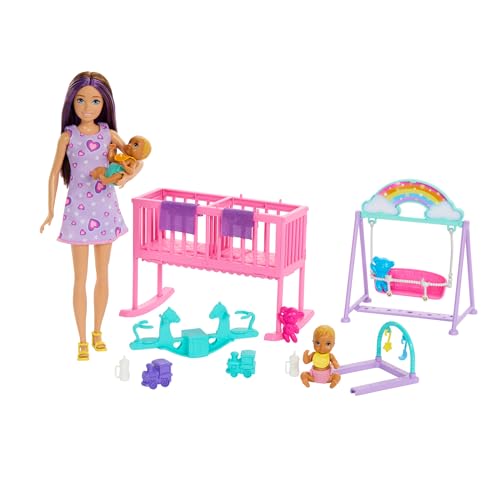 Barbie Skipper-Puppe und Kinderzimmer mit Zubehör, enthält Zwillingsbabypuppen, 1 Bettchen, 1 Schaukel, 1 Wippe und mehr, HXM99 von Barbie