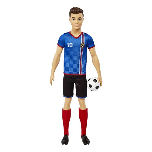 Barbie You Can Be Anything Serie, Ken Fußballspieler Puppe, Ken Puppe mit braunen Haaren, blaues Trikot, Fußball, 1x Ken Fußballspieler Puppe, Geschenk für Kinder, Spielzeug ab 3 Jahre,HCN15 von Barbie