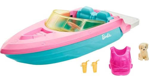 Barbie Speedboat, rosa Schwimmweste, rosa, blaues und weißes Boot, Welpe, Accessoires, Puppen, Geschenk für Kinder, Spielzeug ab 3 Jahre,GRG29 Barbie Speedboat, rosa Schwimmweste, rosa, blaues und weißes Boot, Welpe, Accessoires, Puppen, Geschenk für Kinder, Spielzeug ab 3 Jahre,GRG29 von Barbie