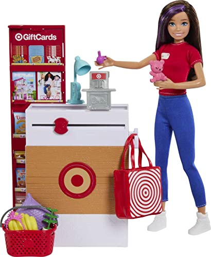 Barbie Spielzeug, Skipper-Puppe und Target First Jobs Set mit Kassenständer mit funktionierendem Förderband und 9 zusätzlichen Zubehörteilen von Barbie