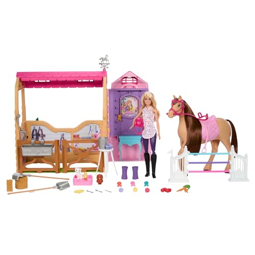 Barbie Spielzeugstall-Spielset mit Puppe, Pferd und Zubehör, mehr als 25 Teile mit 6 Spielbereichen, inspiriert von Barbie Mysteries: Das geheimnisvolle Pferdeabenteuer“, JDN43 von Barbie