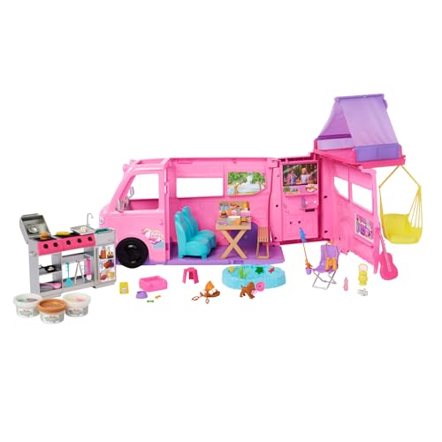 Barbie Super Abenteuer-Camper Spielset mit Dachzelt, Hängesessel, Fischteich, Grill mit Farbwechseleffekt und über 60 Zubehörteilen inklusive Knete, HRJ78 Barbie Super Abenteuer-Camper Spielset mit Dachzelt, Hängesessel, Fischteich, Grill mit Farbwechseleffekt und über 60 Zubehörteilen inklusive Knete, HRJ78 von Barbie
