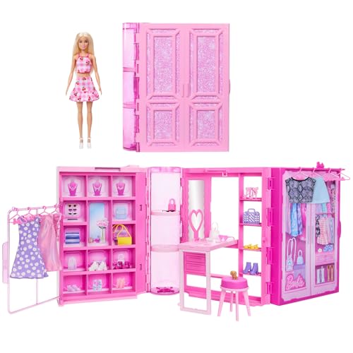 Barbie Traumkleiderschrank Spielzeug, Spielset mit blonder Modepuppe, Moden und Accessoires, knapp 1 m breit mit mehr als 25 Teilen, 3 vollständige Looks, HXD58 von Barbie