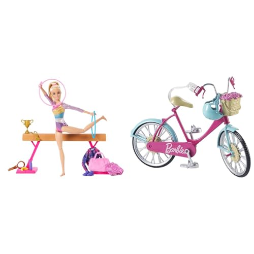 Barbie Turnspaß -Spielset mit Schwebebalken & Fahrrad, Fahrrad mit Blumenkorb, bewegliche Räder, rosa Fahrrad Puppe, Puppe, Geschenk für Kinder, Spielzeug ab 3 Jahre,DVX55 von Barbie