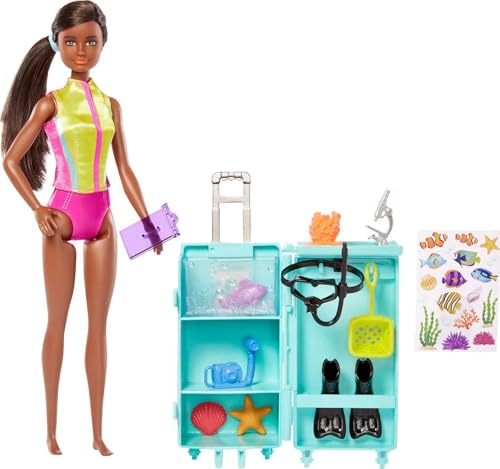 Barbie You Can Be Anything Series, Meeresbiologin, Puppe mit schwarzen Haaren, Badeanzug, Delphin, Schnorchelausrüstung, Delphin, Zubehör, Geschenk für Kinder, Spielzeug ab 3 Jahre,HMH27 von Barbie