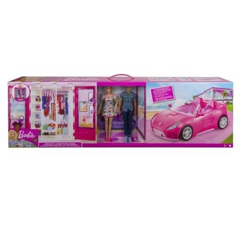 Barbie und Ken Puppe mit ihrem Kleiderschrank und Cabrio, Rosa, 2-Sitzer, inklusive Zubehör. von Mattel