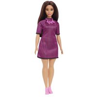 MATTEL HBV20 Barbie Fashionistas Puppe im pink-schwarz-karierten Kleid, kurvig, „Love“ Halskette von Barbie